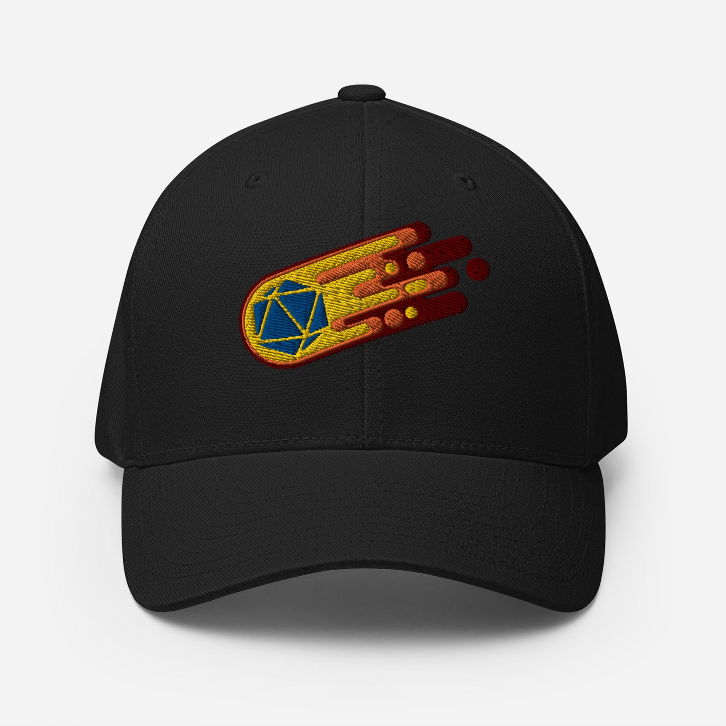 Black D20 flaming comet baseball hat