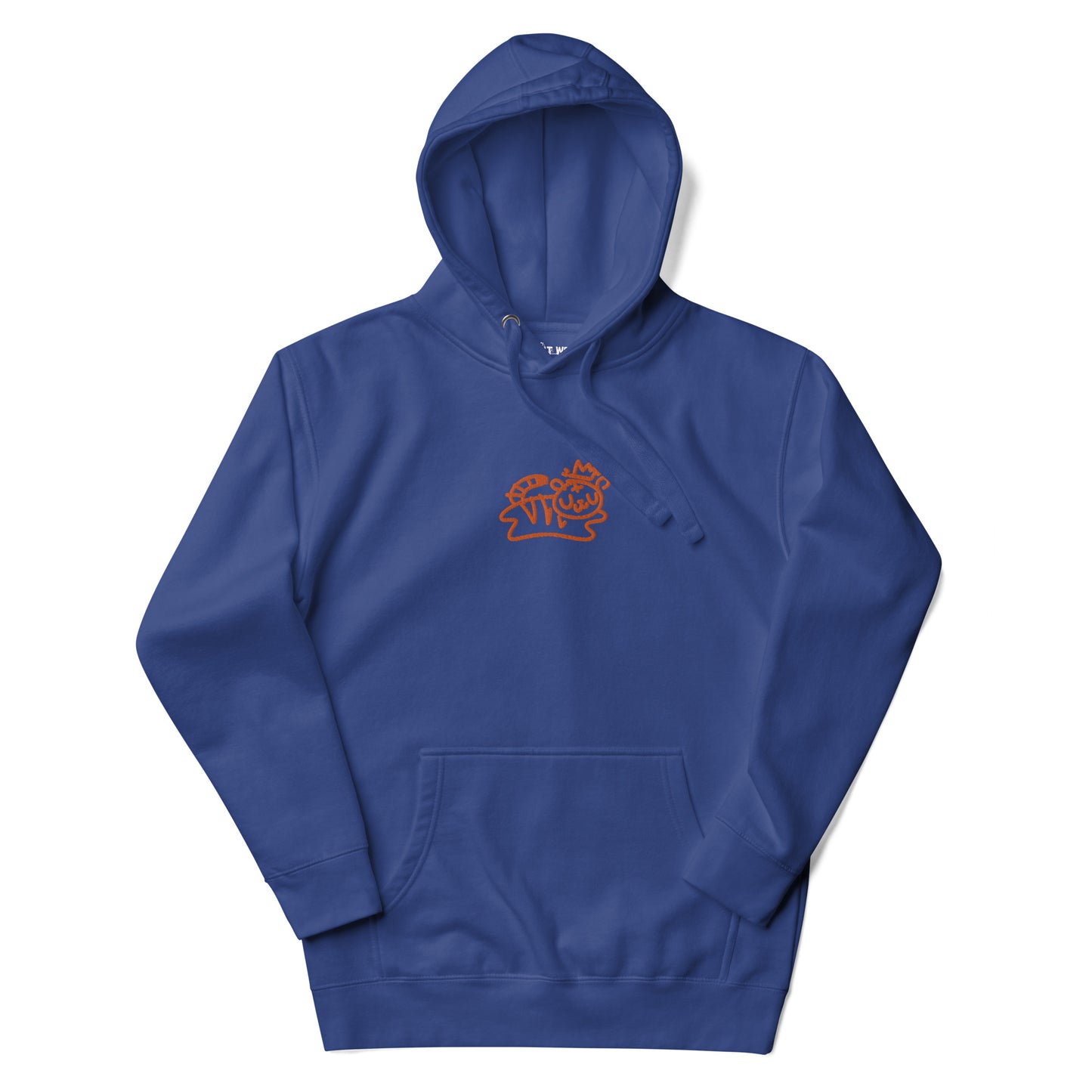 royal blue pullover hoodie with embroidered bolt-wear tiger logo on chest