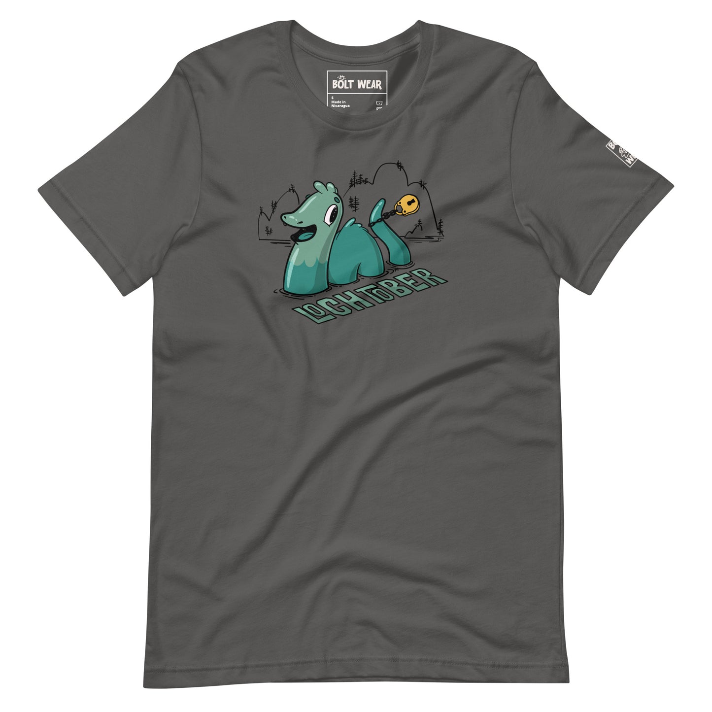 Grey Lochtober shirt featuring lochness monster and lock around tail.