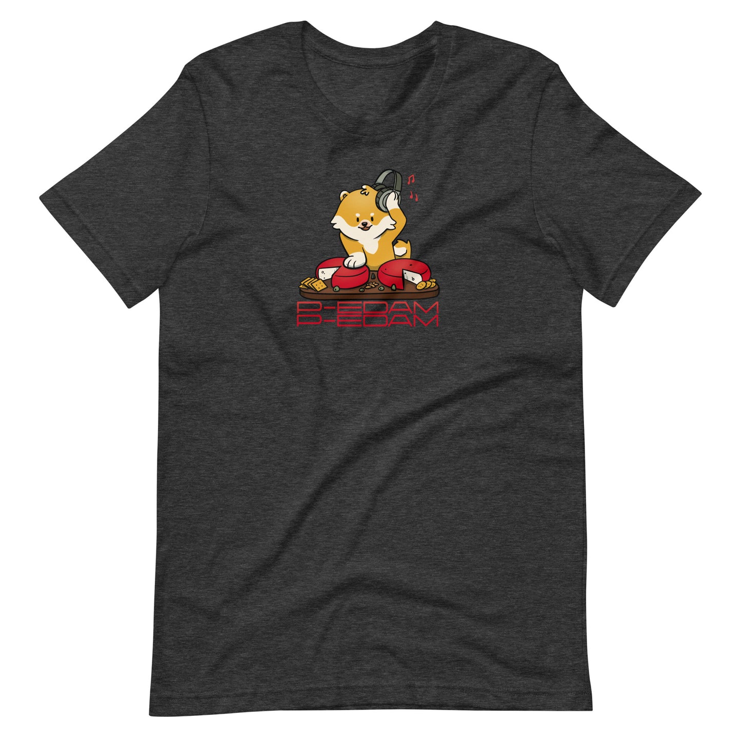 Heather Grey P-Edam t-shirt featuring illustration of Pomeranian playing two wheels of edam cheese like DJ tables on a charcuterie