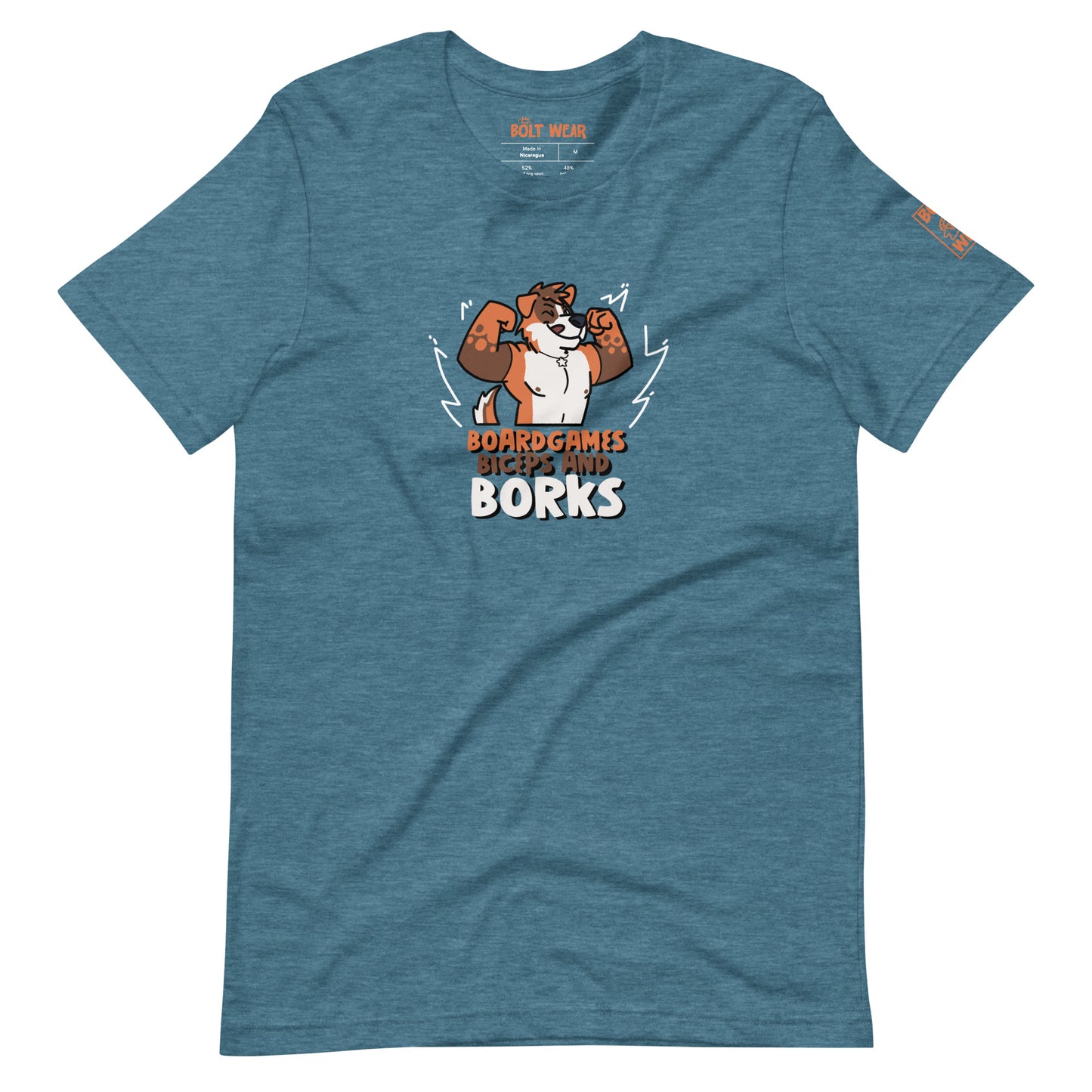 Heather t-shirt with orange and brown furry dog flexing with the text Board Games Biceps and Borks underneath them. Orange logo featured on sleeve