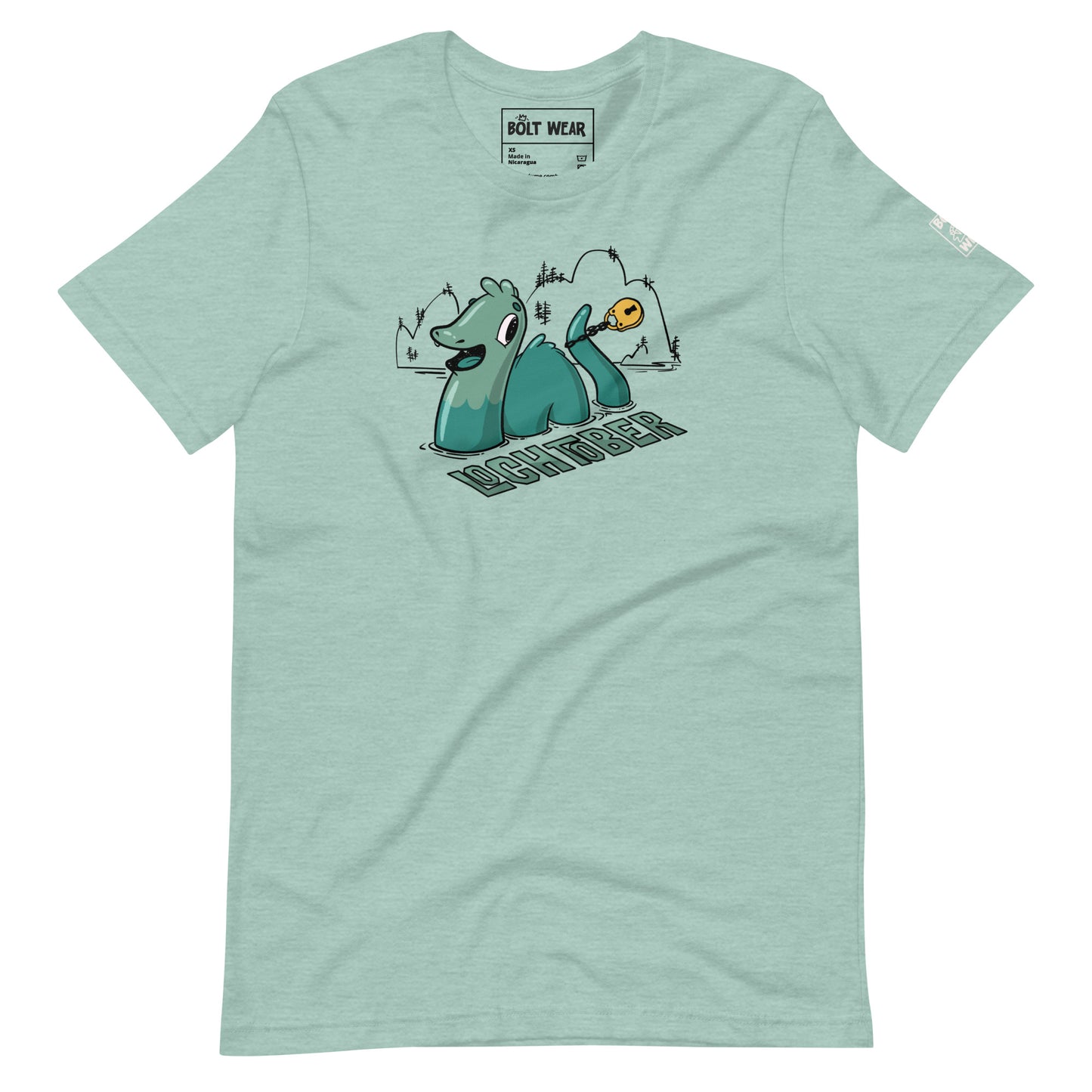Heather Prism light blue Lochtober shirt featuring lochness monster and lock around tail.
