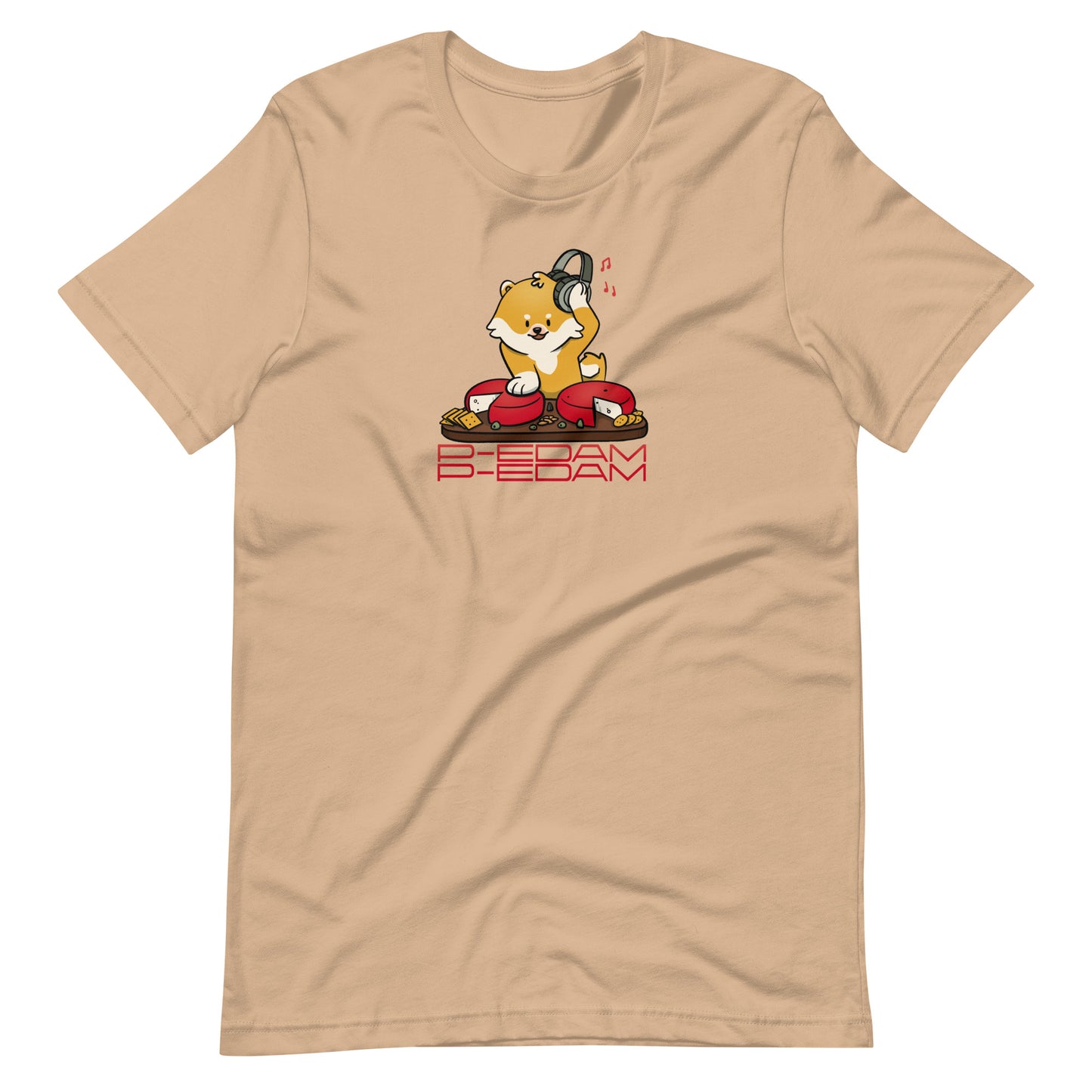 Tan P-Edam t-shirt featuring illustration of Pomeranian playing two wheels of edam cheese like DJ tables on a charcuterie