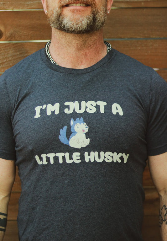man with beard standing in front of wooden wall wearing tshirt featuring image of small husky and text "I'm just a little husky"