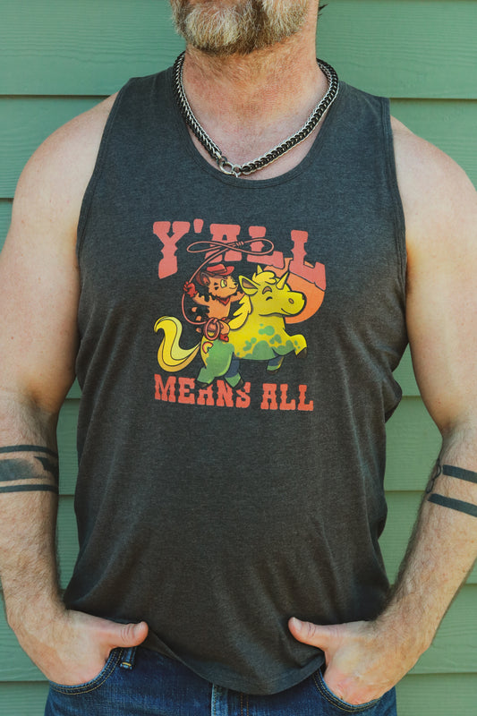 dark grey heather tank top worn by bearded ginger, displaying tiger riding unicorn in rainbow colors and the text "y'll means all"