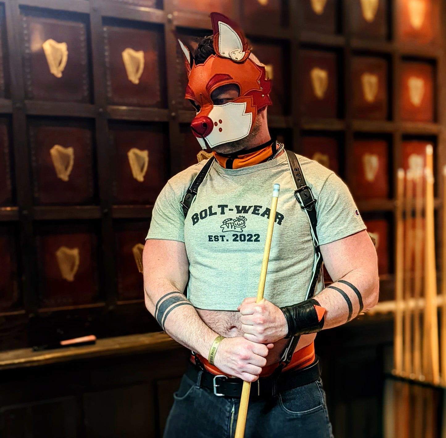Man in orang and red pup hood wearing grey athletic heather crop top featuring bolt-wear tiger logo and est. 2022. Also wearing leather harness and standing with pool stick in front of cabinetry.