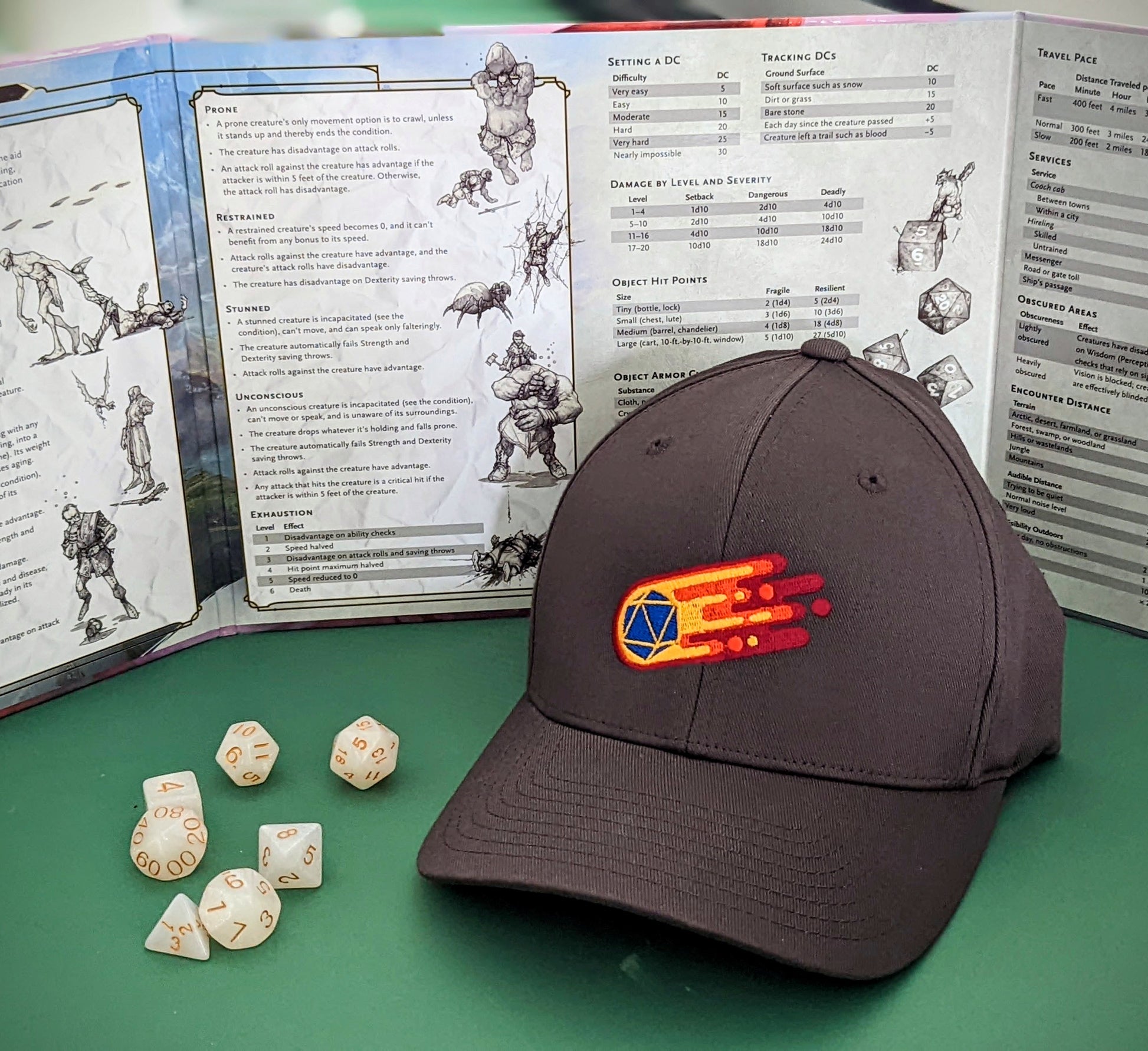 Grey D20 flaming comet baseball hat in front of dungeons and dragons DM screen