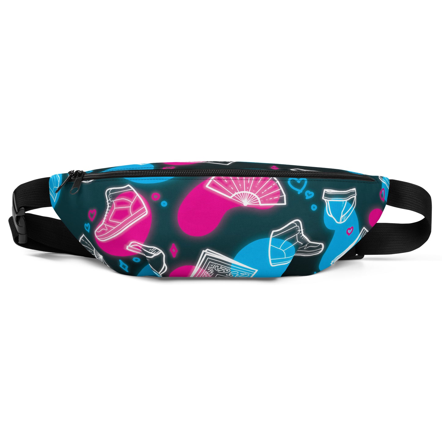 Front view of pink and blue fanny pack featuring images of high top shoes fans and bandanas