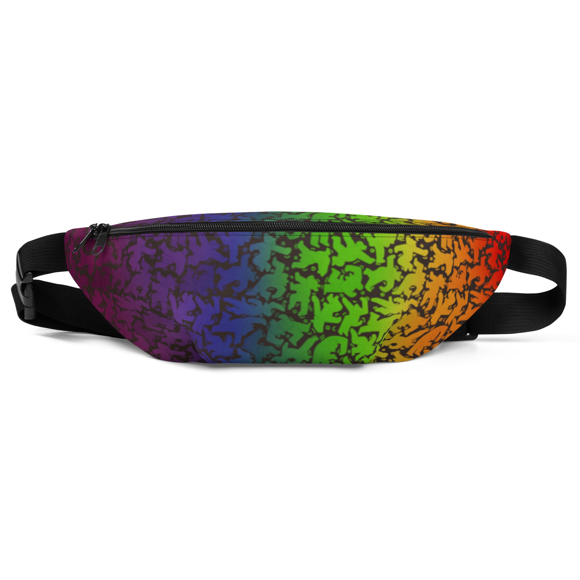 All over print fanny pack featuring rainbow bear pattern in style of Keith Haring front view