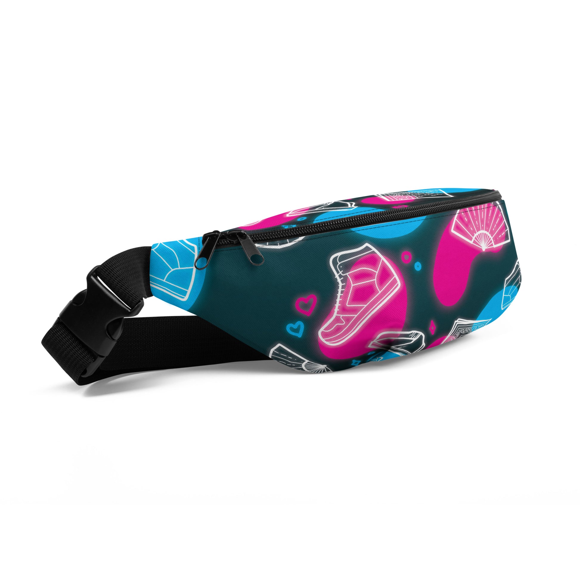 3/4 view of pink and blue fanny pack featuring images of high top shoes fans and bandanas