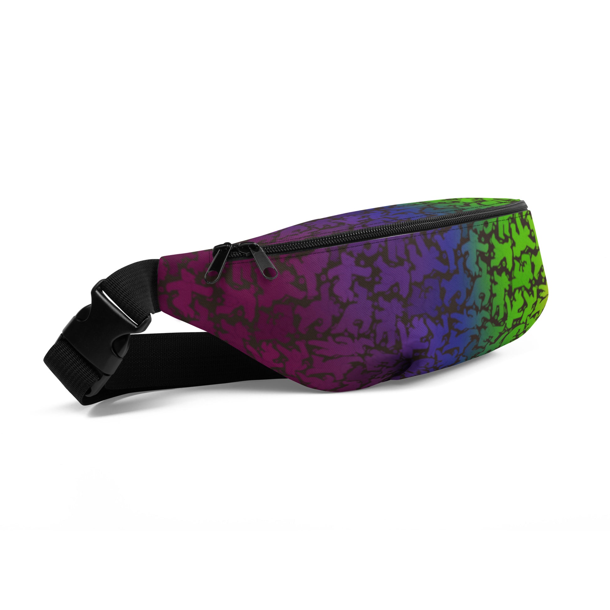 All over print fanny pack featuring rainbow bear pattern in style of Keith Haring 3/4 view