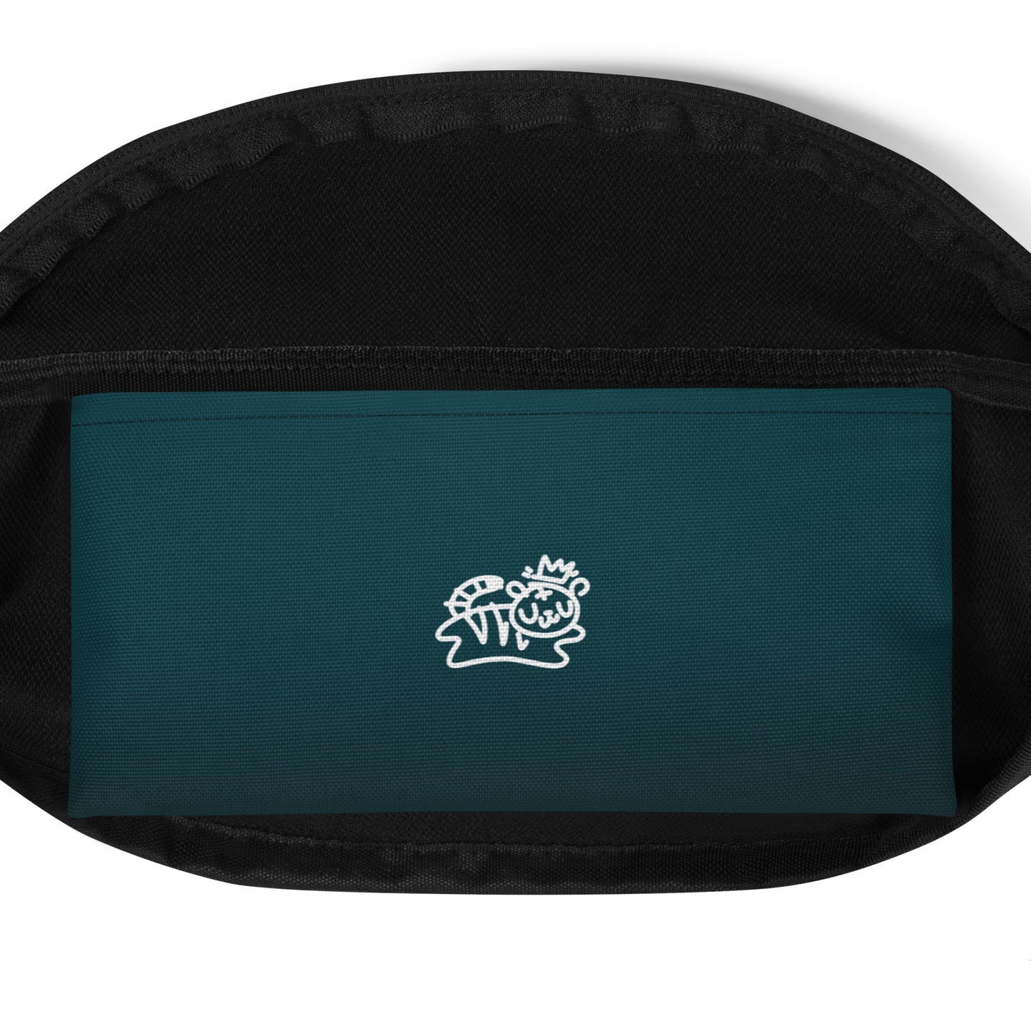 inside poke of fanny pack featuring dark blue ombre pattern and tiger bolt-wear logo