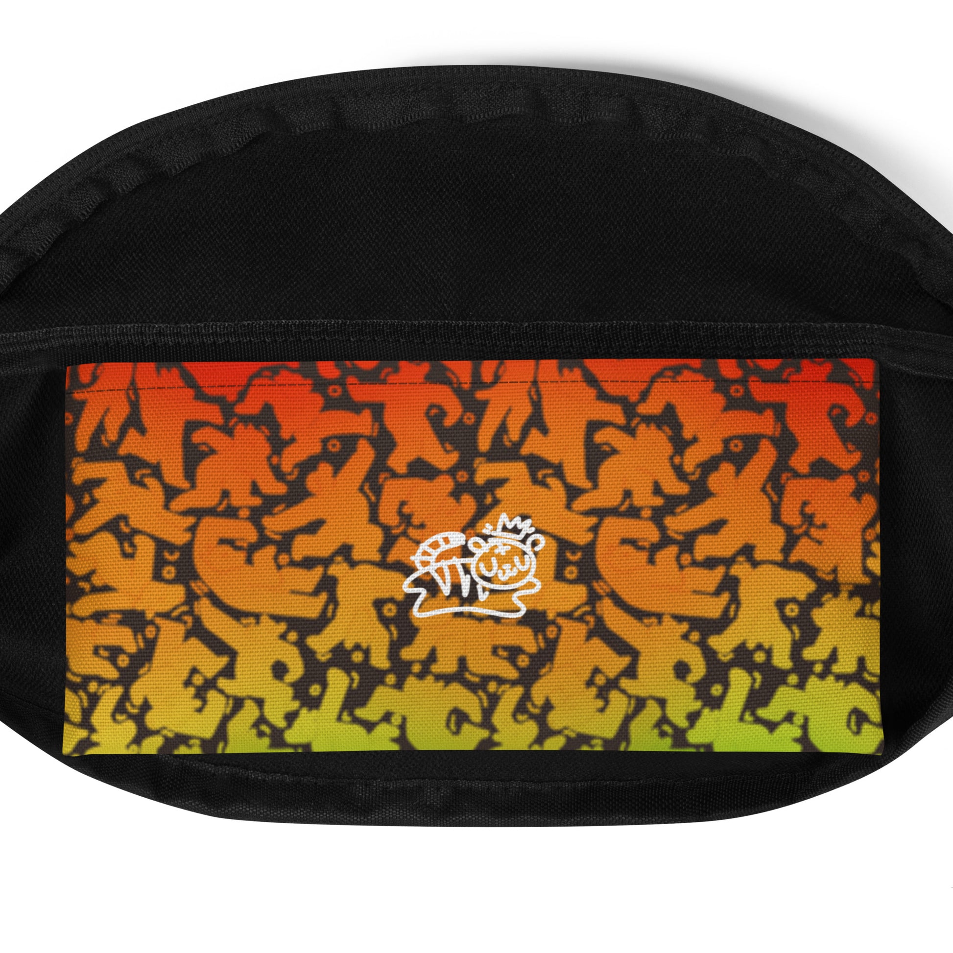 All over print fanny pack featuring rainbow bear pattern in style of Keith Haring inside pocket, featuring bolt-wear tiger logo