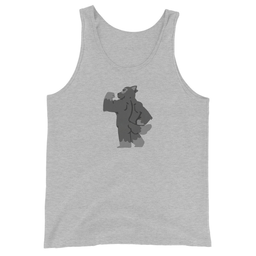 Athletic heather grey tank top featuring furry art dog flexing back and arm muscles.