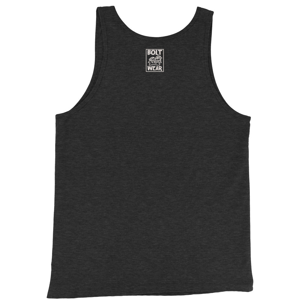 Charcoal grey tank top featuring furry art dog flexing back and arm muscles, back side featuring bolt-wear logo.