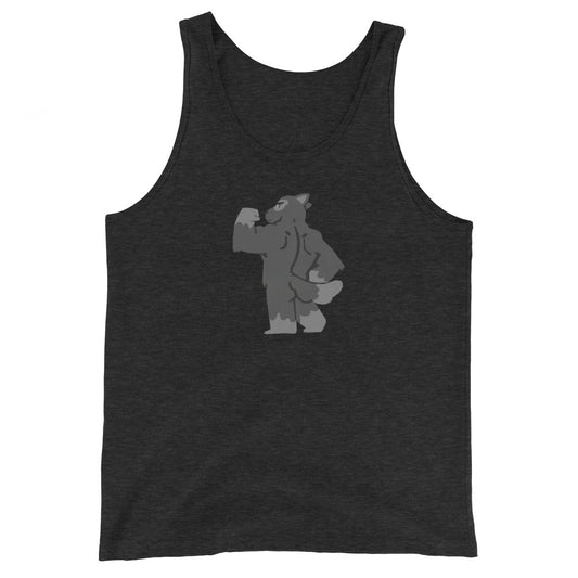 Charcoal grey tank top featuring furry art dog flexing back and arm muscles.