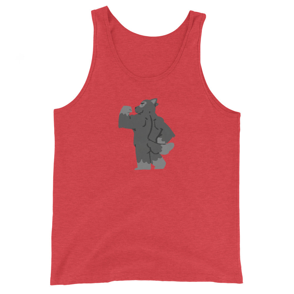 Heather red tank top featuring furry art dog flexing back and arm muscles.