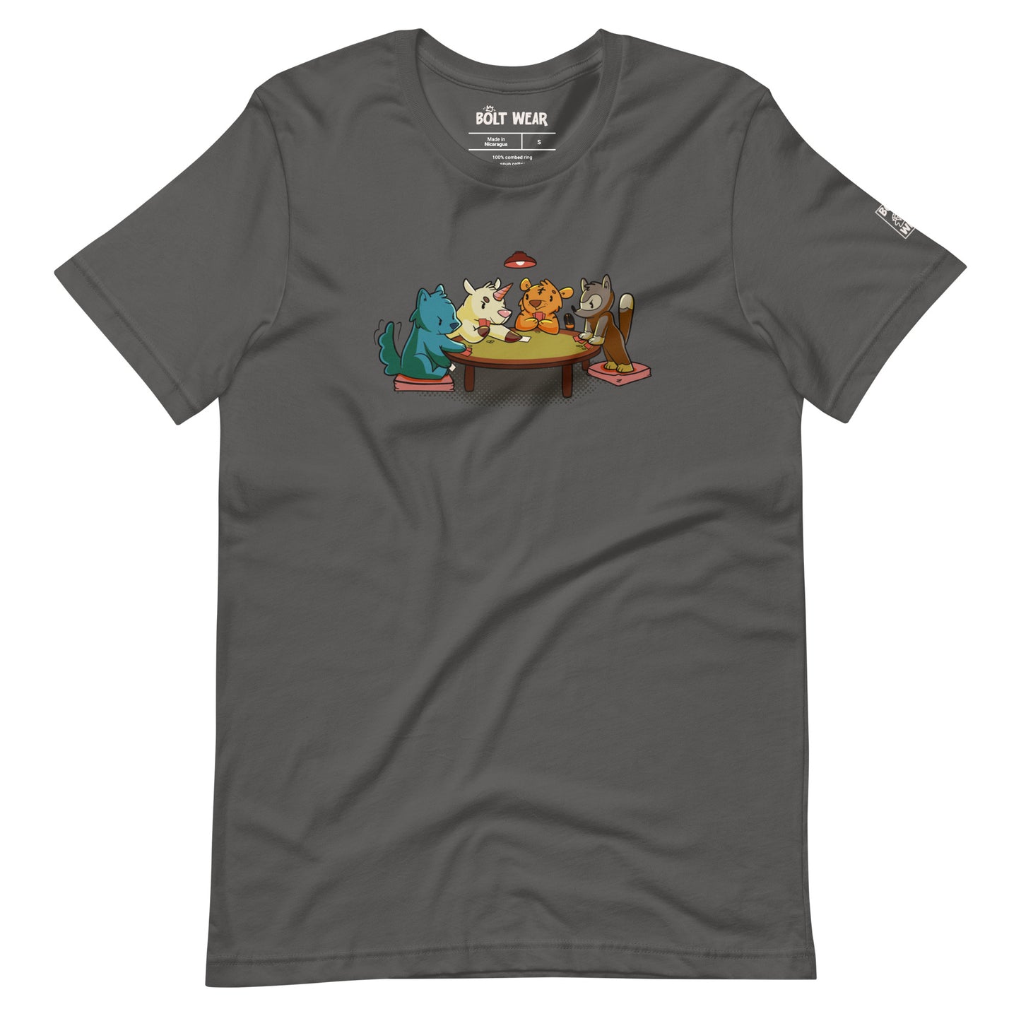 Asphalt grey t-shirt featuring 4 animals, a wolf, a unicorn, a tiger, and a racoon, playing cards around a table