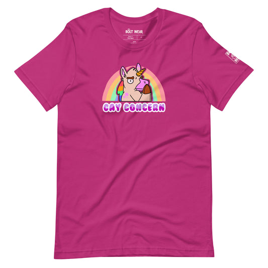Berry pink Gay Concern t-shirt featuring unicorn in concerned pose with rainbow behind.