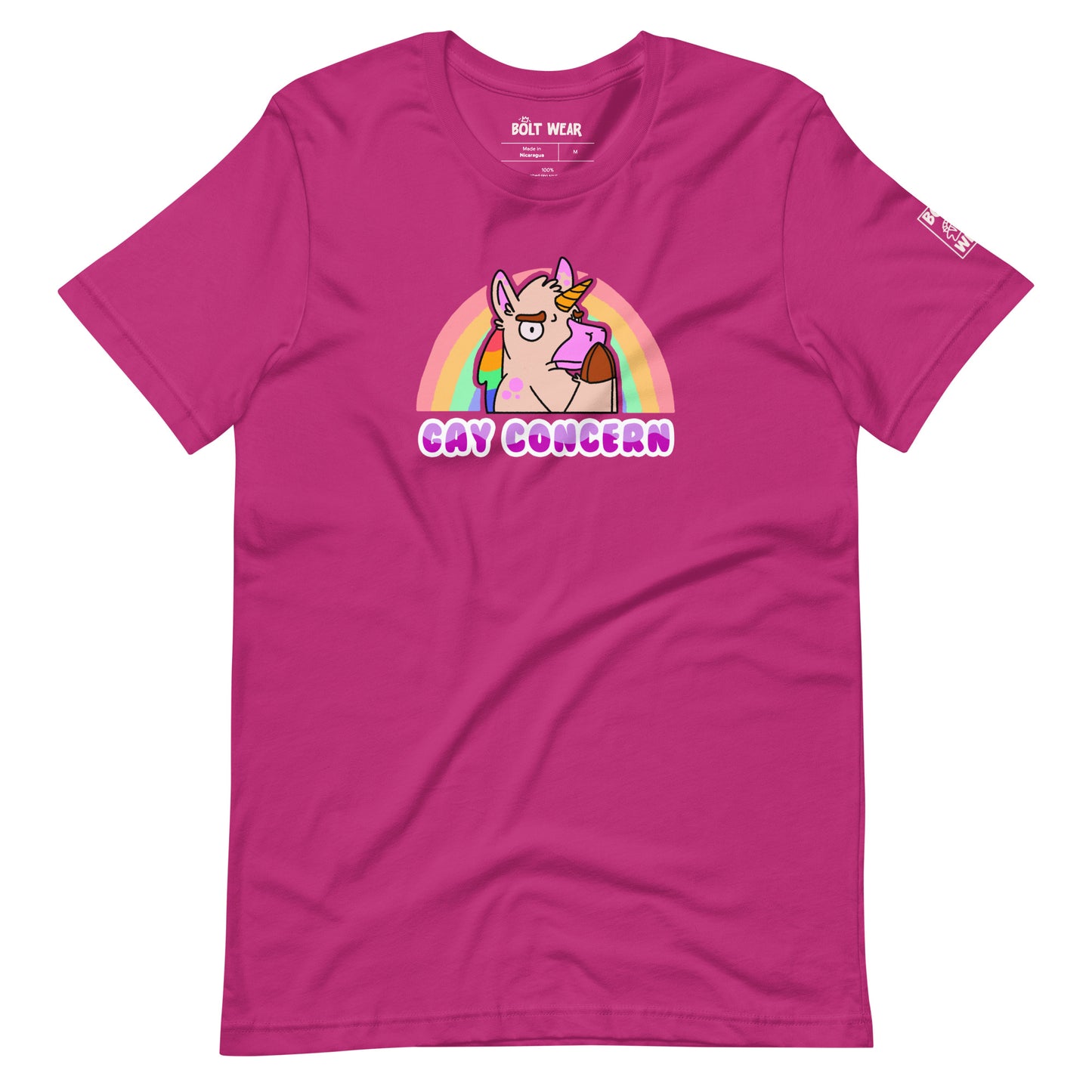 Berry pink Gay Concern t-shirt featuring unicorn in concerned pose with rainbow behind.