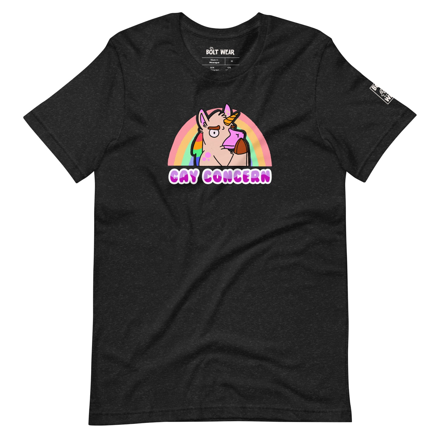Black heather Gay Concern t-shirt featuring unicorn in concerned pose with rainbow behind.