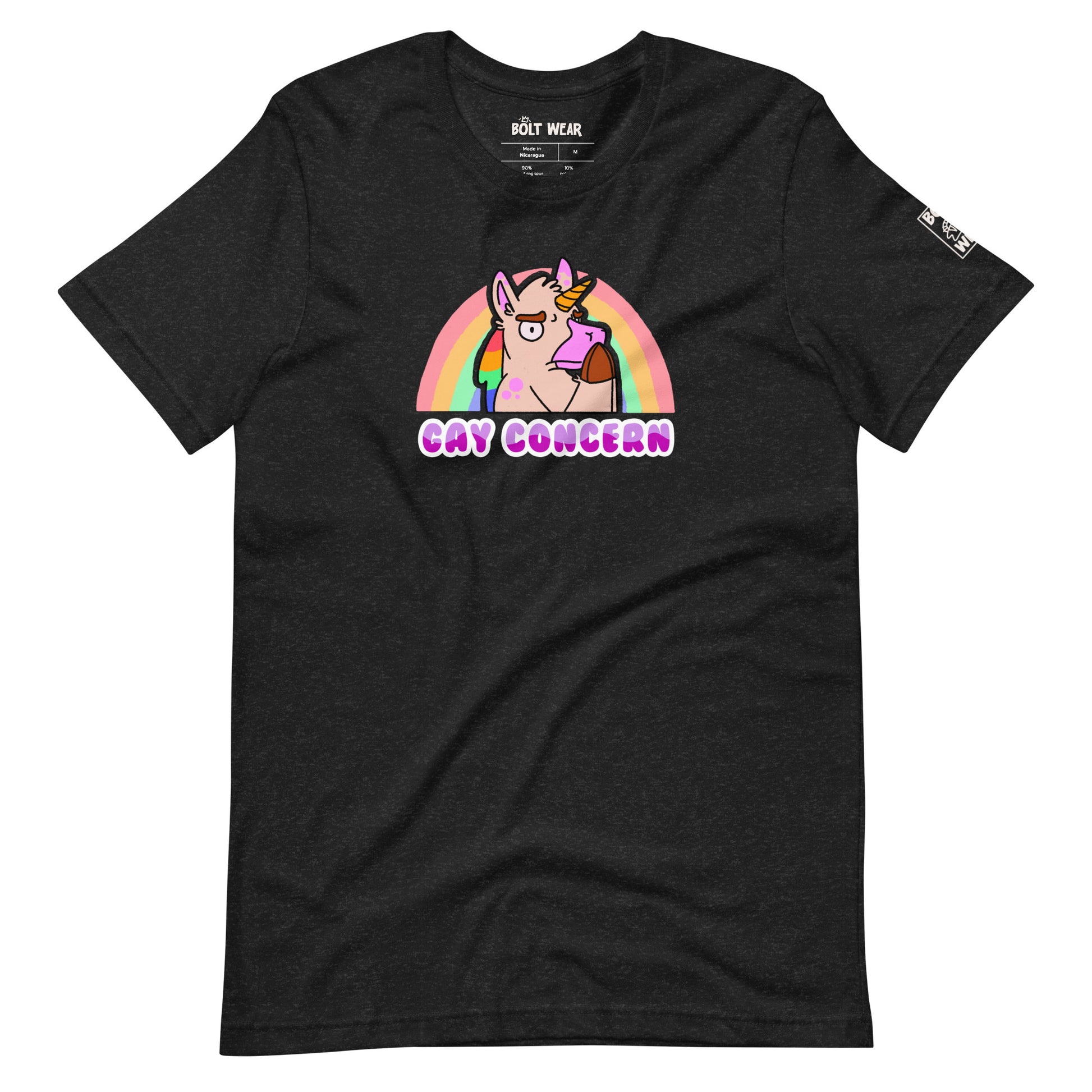 Black heather Gay Concern t-shirt featuring unicorn in concerned pose with rainbow behind.