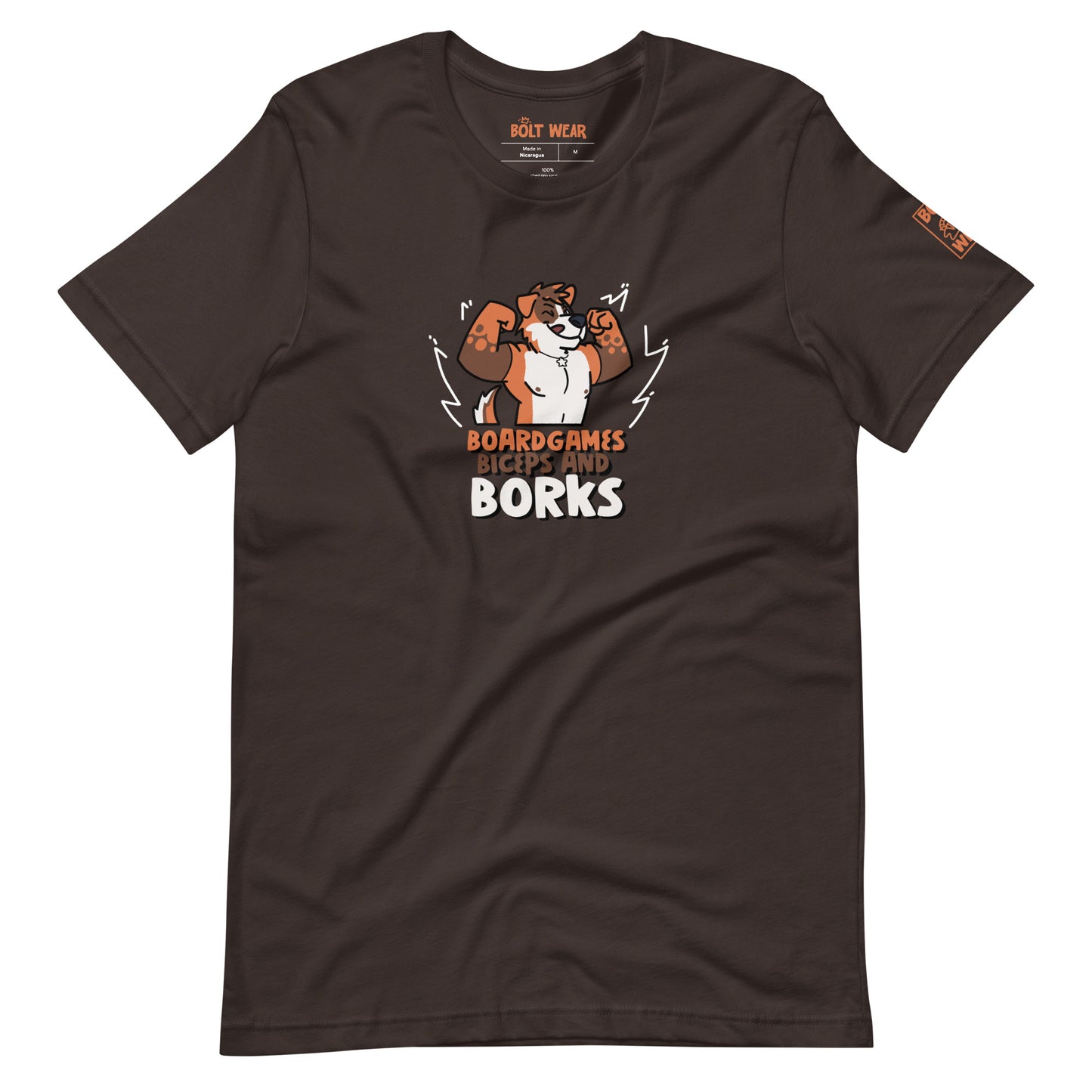 Brown t-shirt with orange and brown furry dog flexing with the text Board Games Biceps and Borks underneath them. Orange logo featured on sleeve