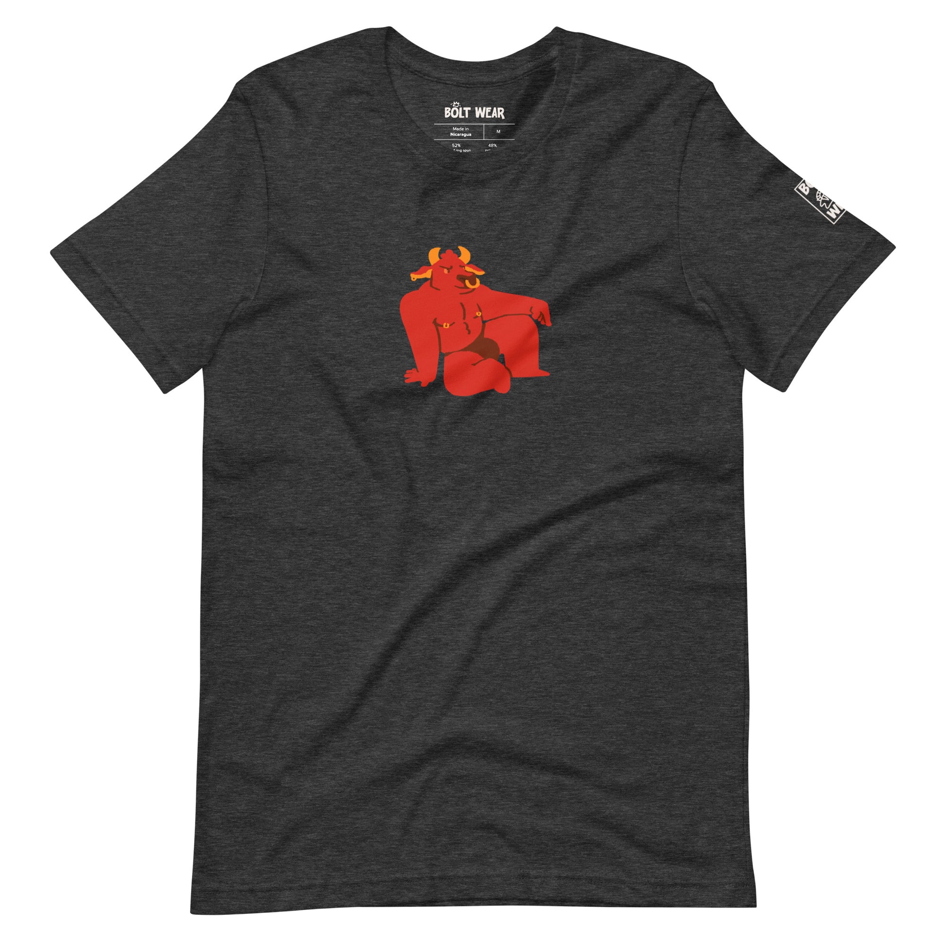 dark grey heather tshirt featuring sexy red bull furry with nose and nipple rings in a jock strap, sitting in open looking pose. 