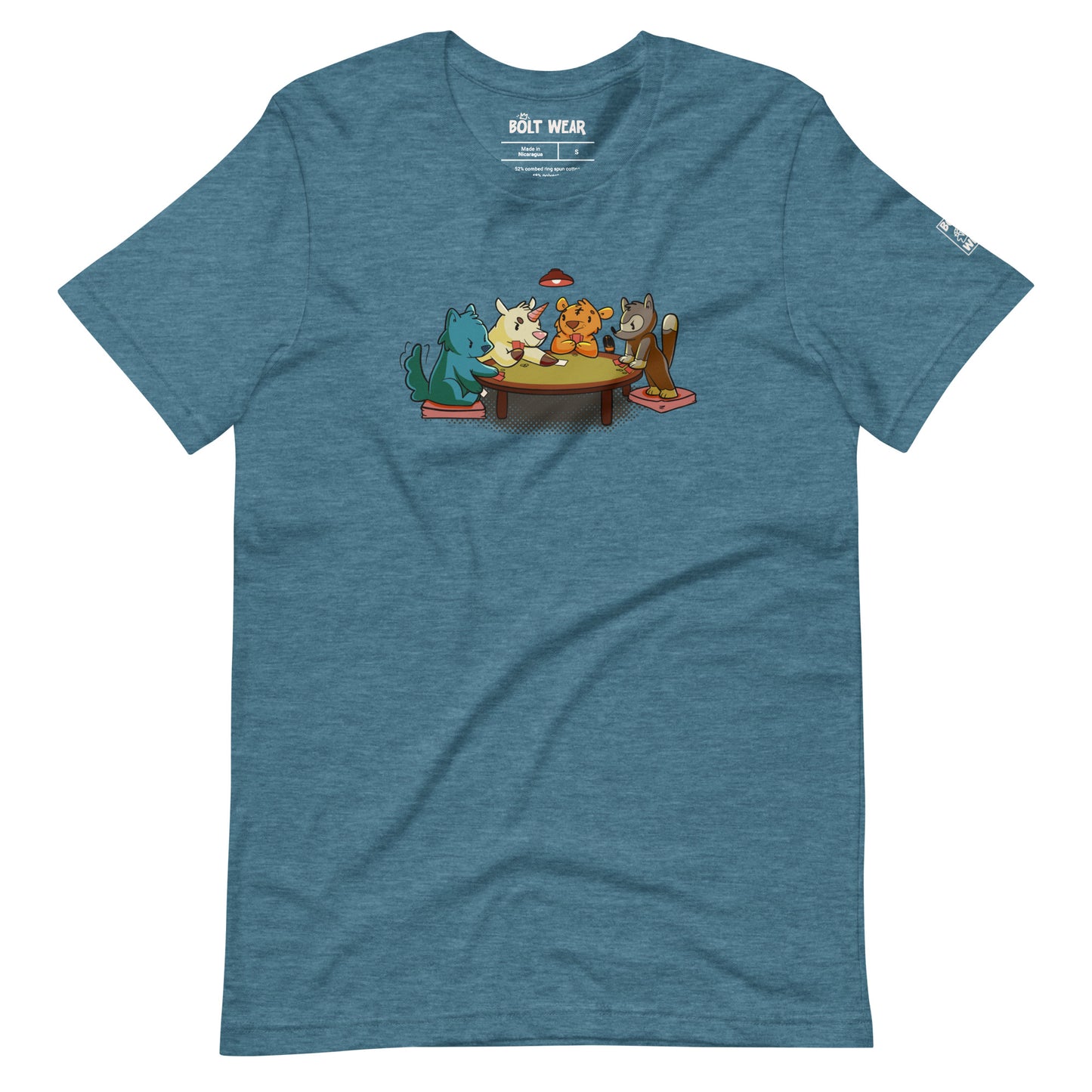 Heather Blue t-shirt featuring 4 animals, a wolf, a unicorn, a tiger, and a racoon, playing cards around a table