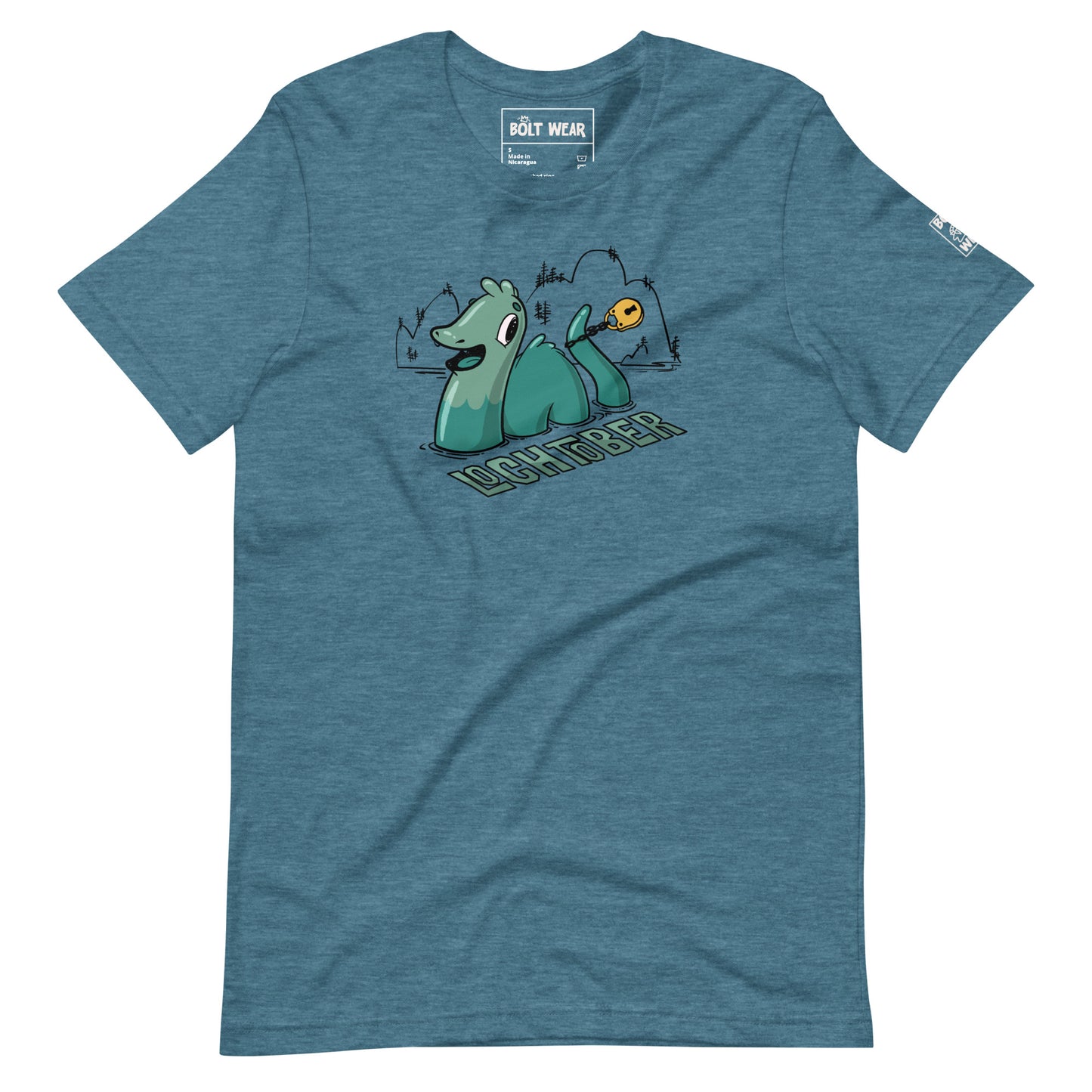 Heather deep teal Lochtober shirt featuring lochness monster and lock around tail.