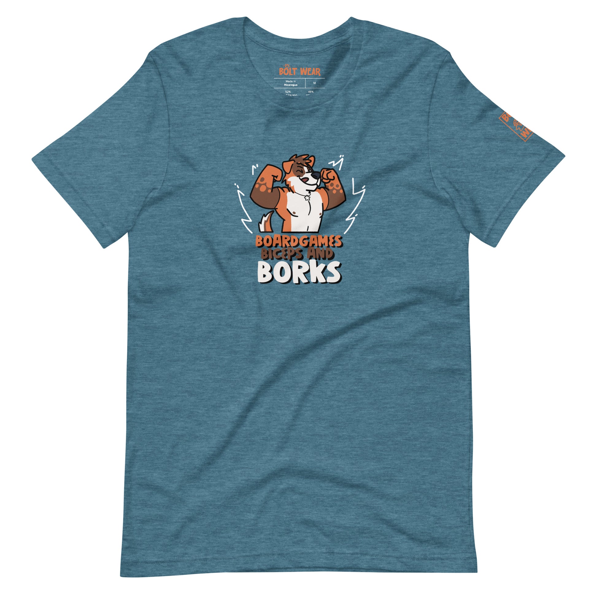 Heather t-shirt with orange and brown furry dog flexing with the text Board Games Biceps and Borks underneath them. Orange logo featured on sleeve