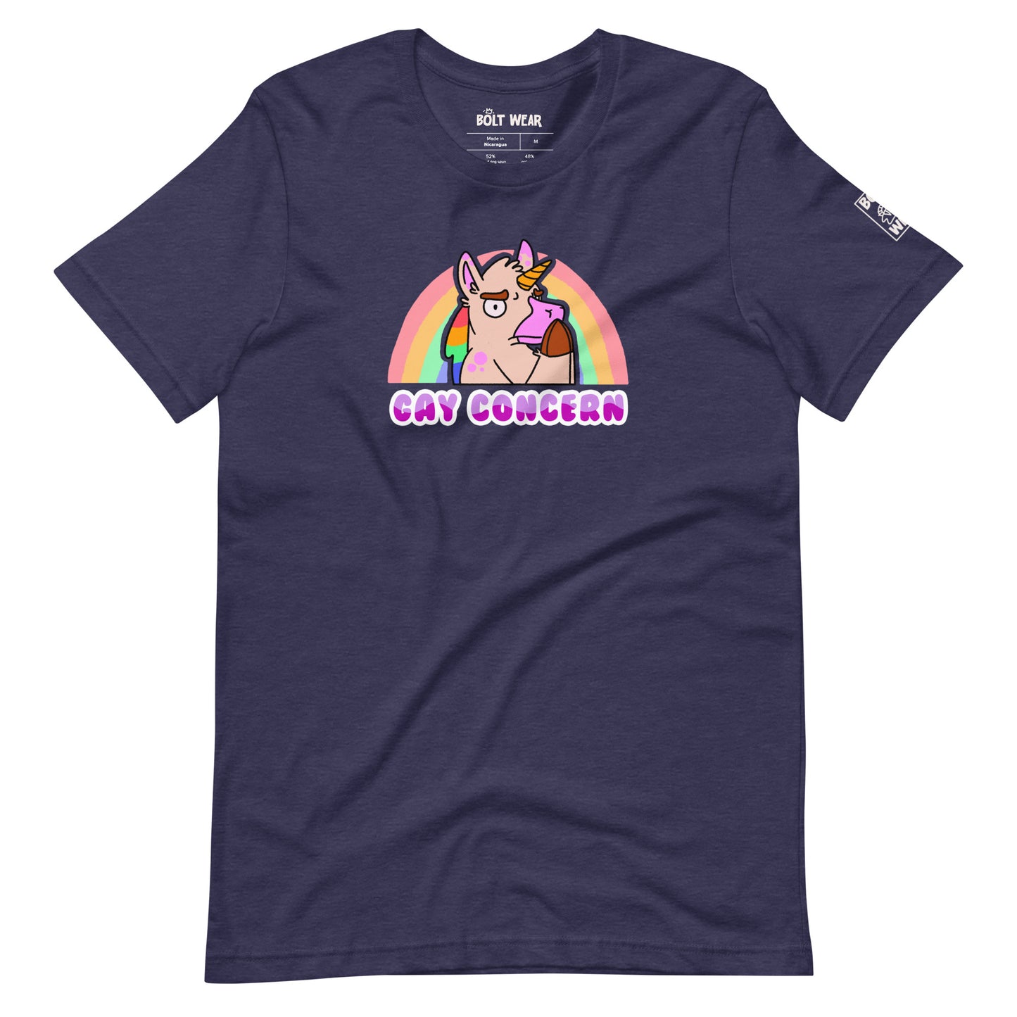 Heather Midnight Navy Gay Concern t-shirt featuring unicorn in concerned pose with rainbow behind.