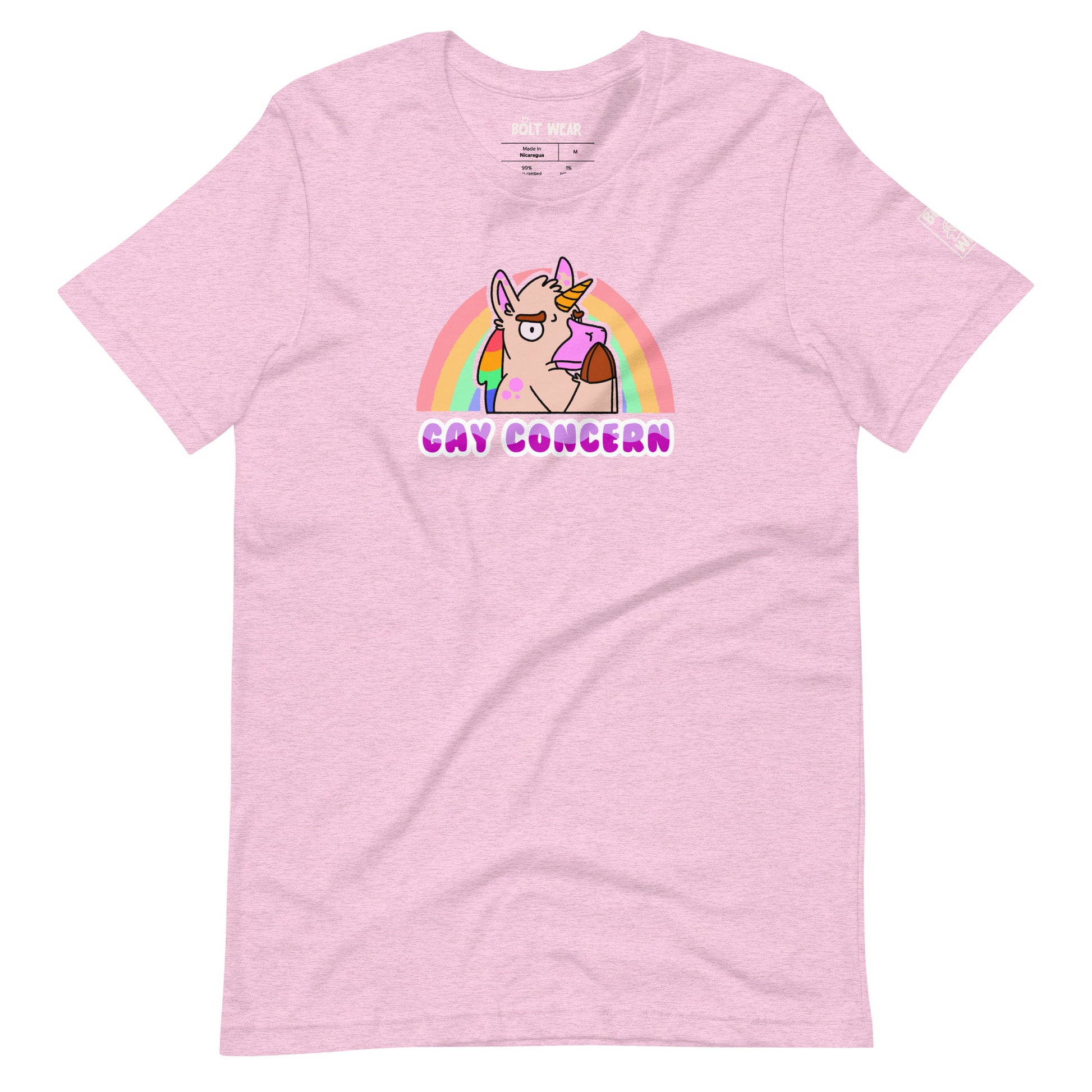 Heather pink Gay Concern t-shirt featuring unicorn in concerned pose with rainbow behind.