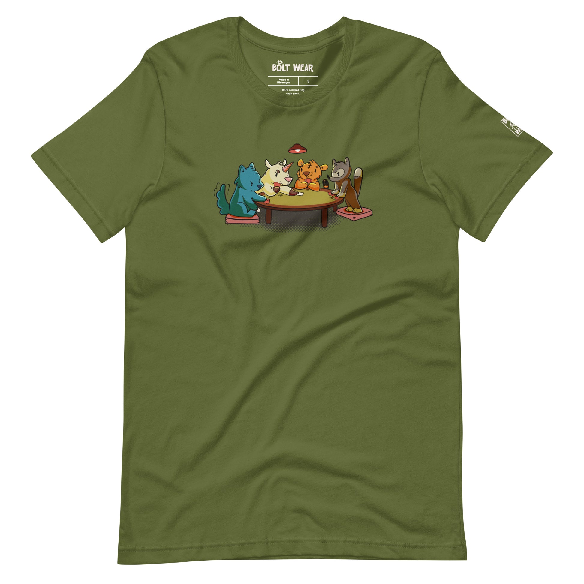 Dark Green t-shirt featuring 4 animals, a wolf, a unicorn, a tiger, and a racoon, playing cards around a table