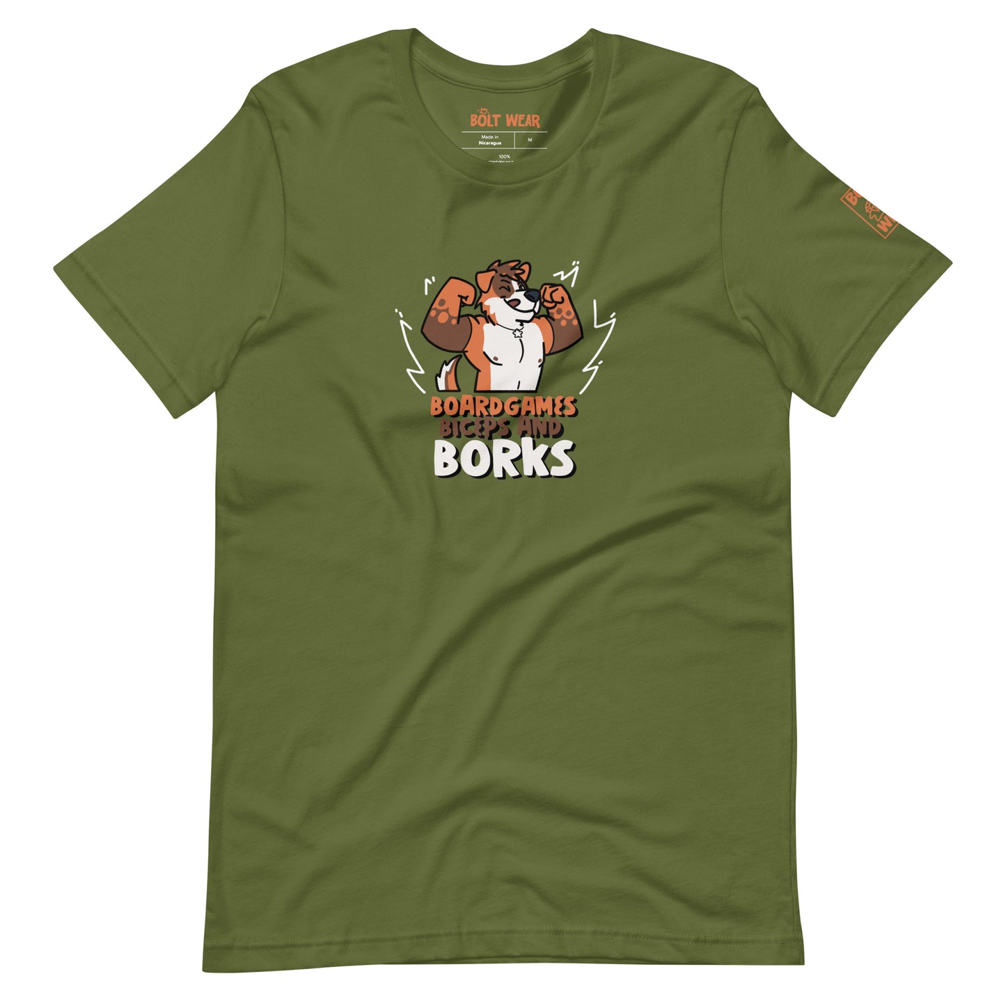 Olive t-shirt with orange and brown furry dog flexing with the text Board Games Biceps and Borks underneath them. Orange logo featured on sleeve