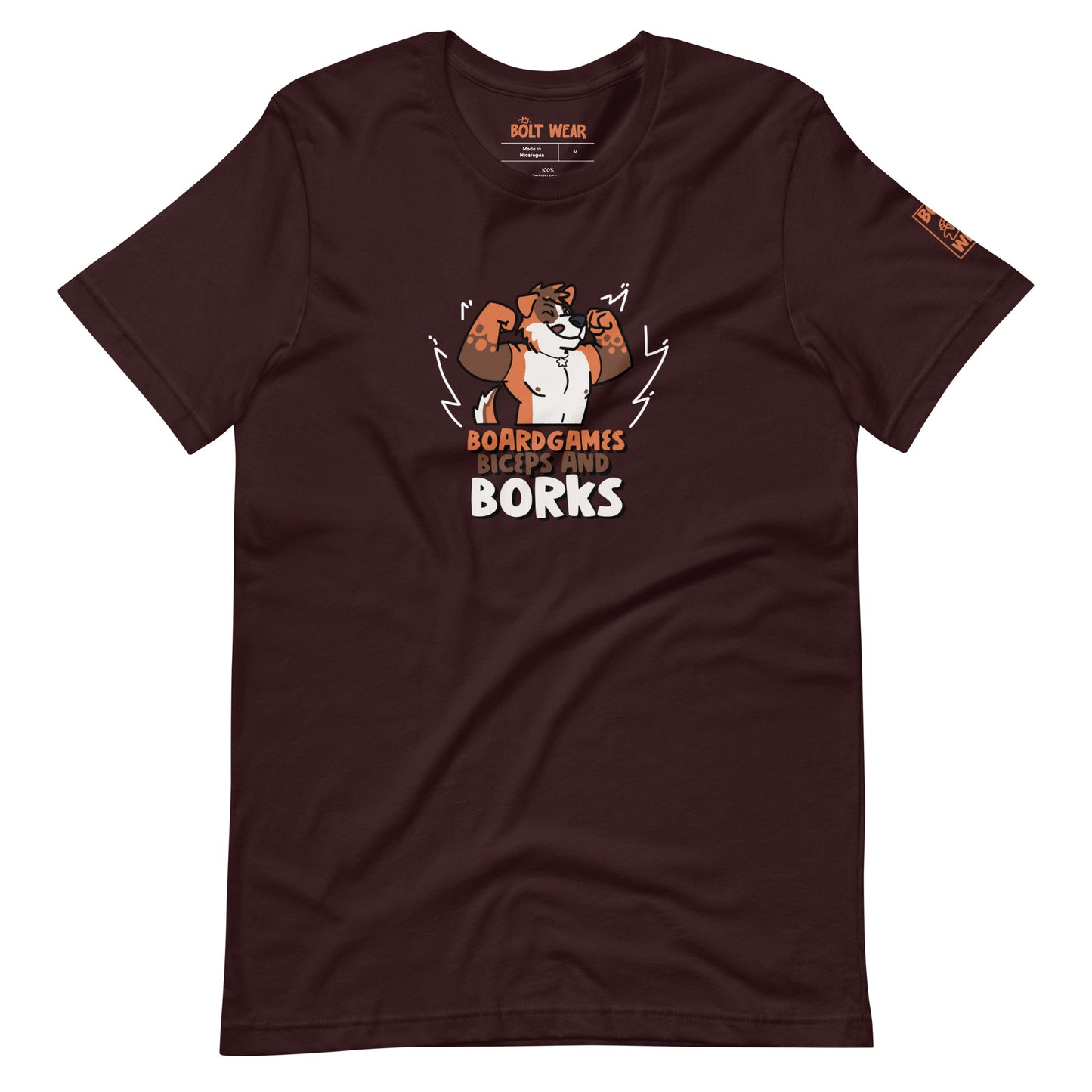 Oxblood black t-shirt with orange and brown furry dog flexing with the text Board Games Biceps and Borks underneath them. Orange logo featured on sleeve