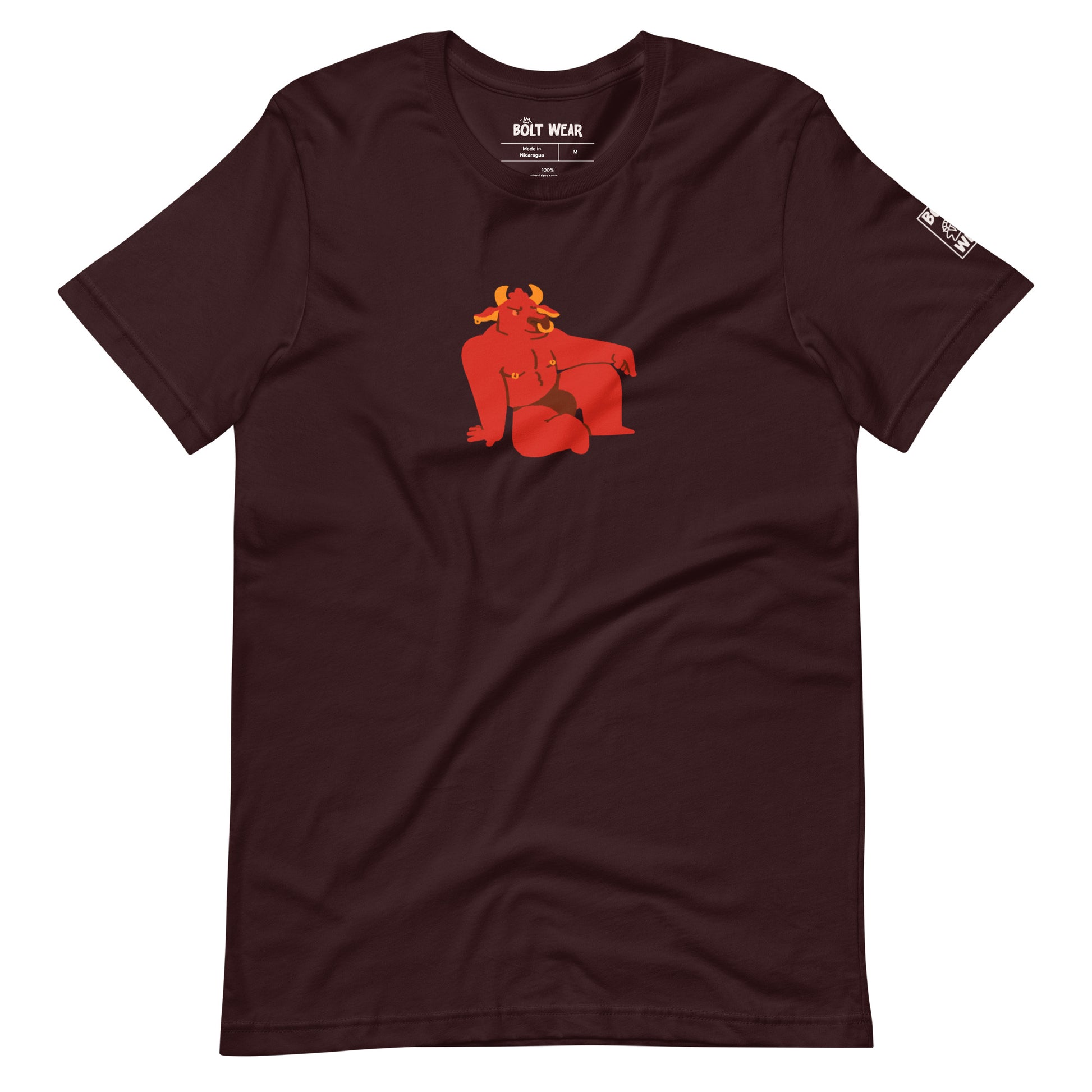 oxblood black tshirt featuring sexy red bull furry with nose and nipple rings in a jock strap, sitting in open looking pose. 