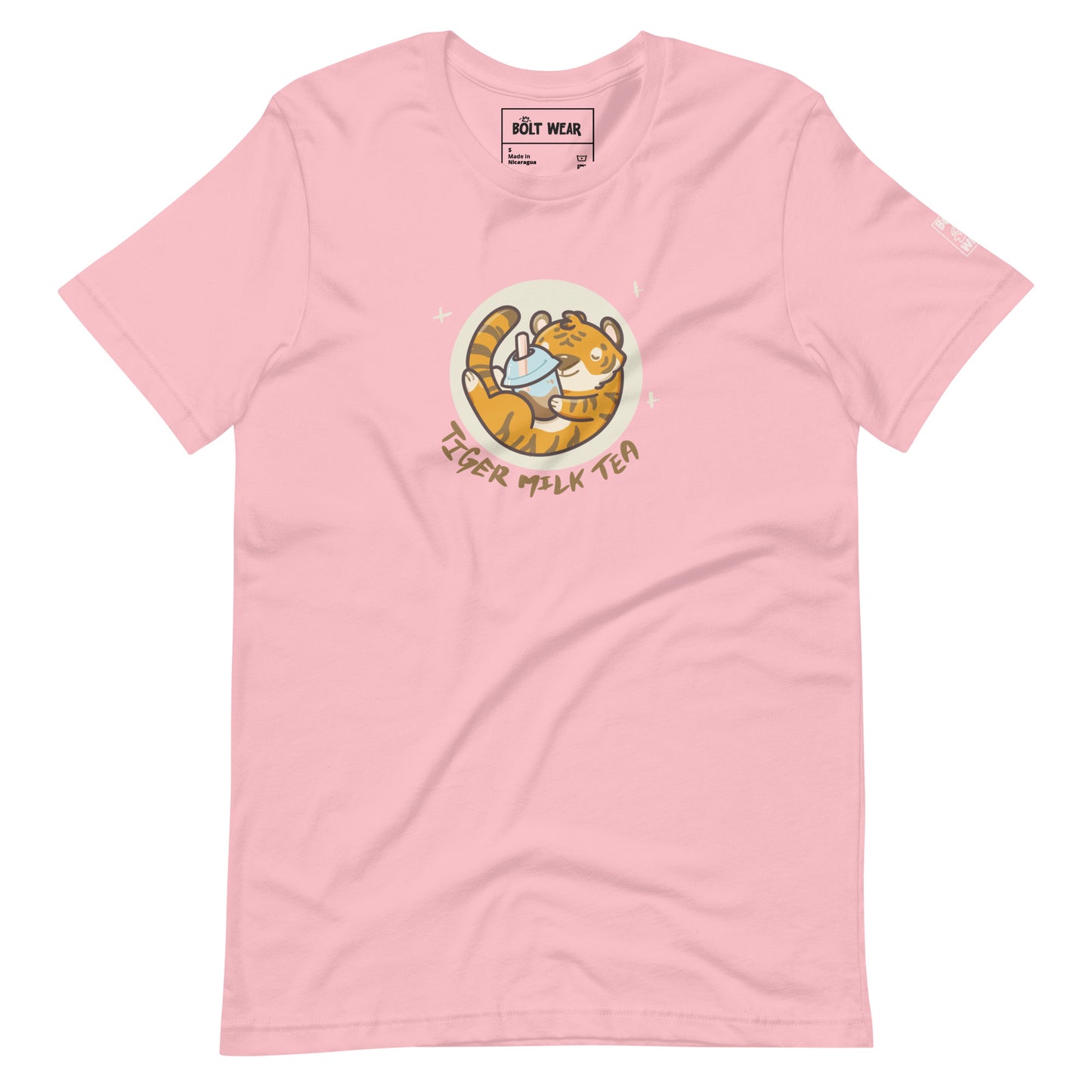 Pink t-shirt image of tiger holding bubble tea, with the words tiger milk tea underneath.