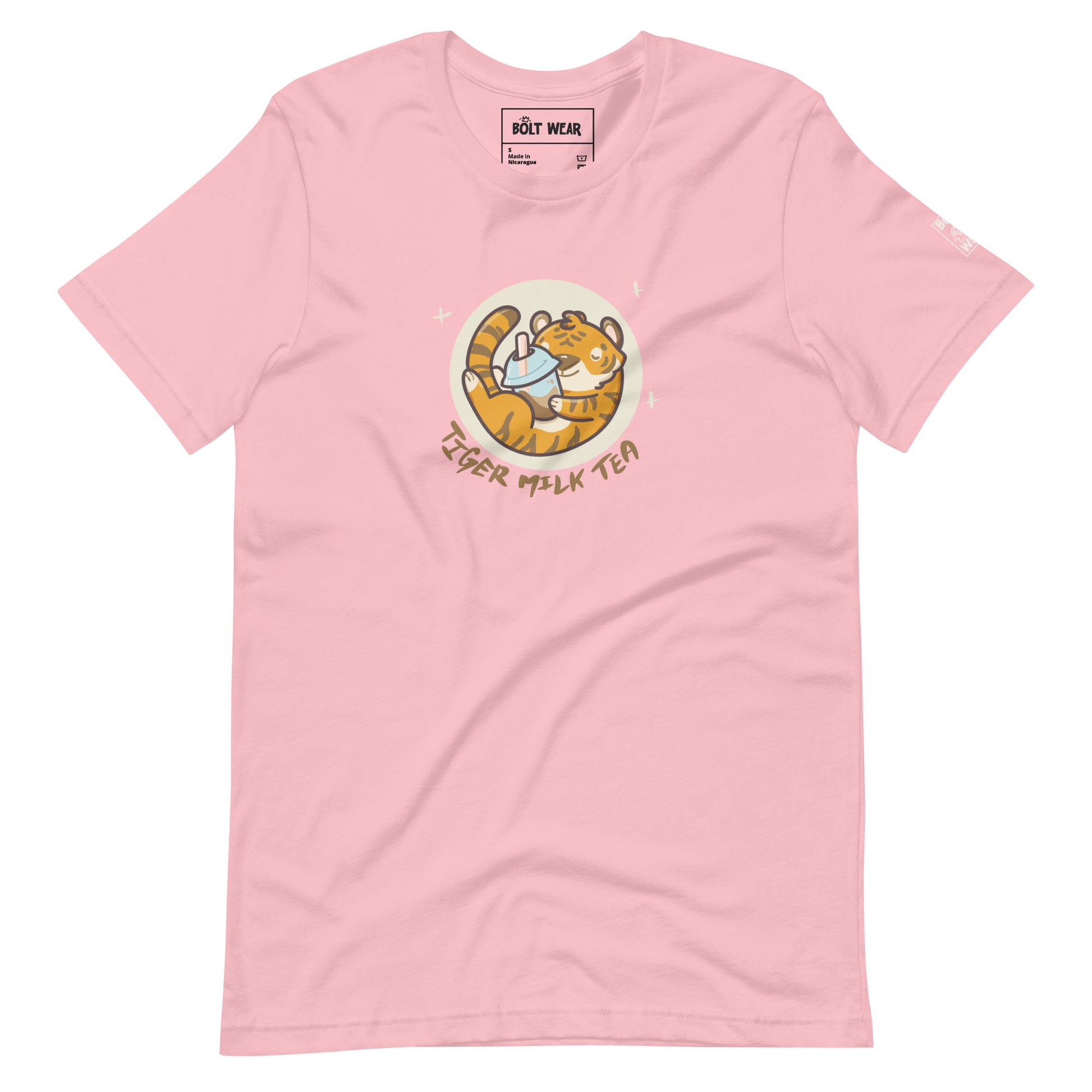 Pink t-shirt image of tiger holding bubble tea, with the words tiger milk tea underneath.