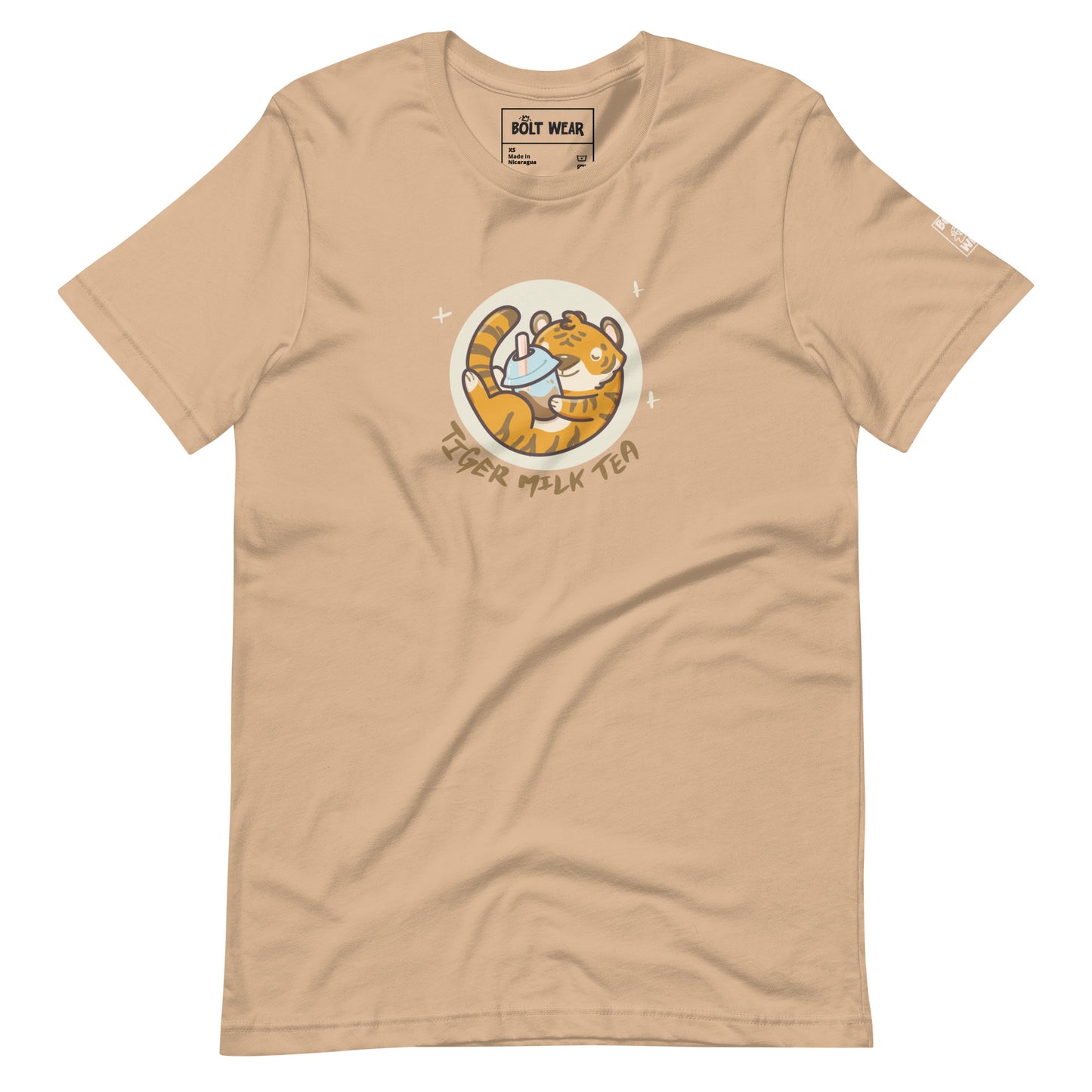 Tan t-shirt featuring  image of tiger holding bubble tea, with the words tiger milk tea underneath.