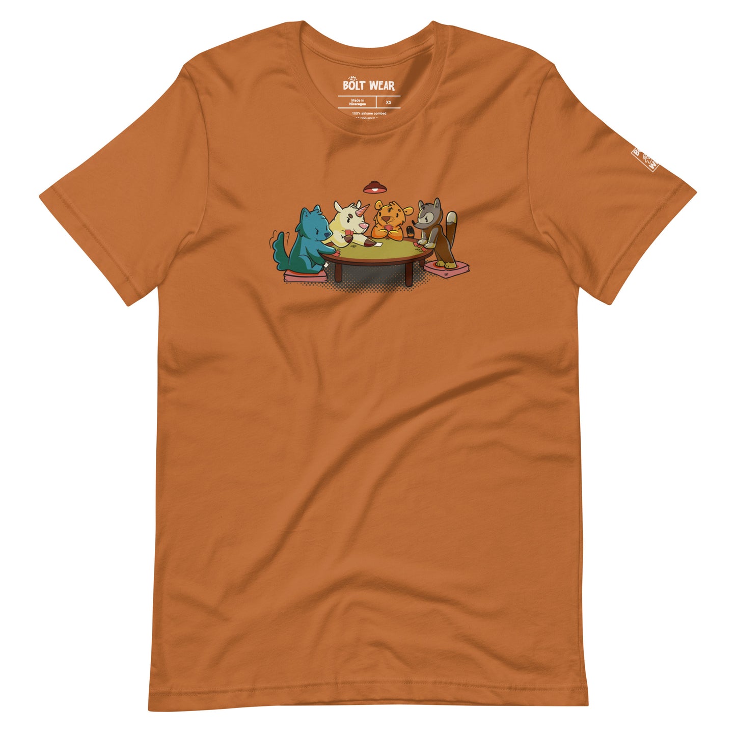 Dusty Orange t-shirt featuring 4 animals, a wolf, a unicorn, a tiger, and a racoon, playing cards around a table
