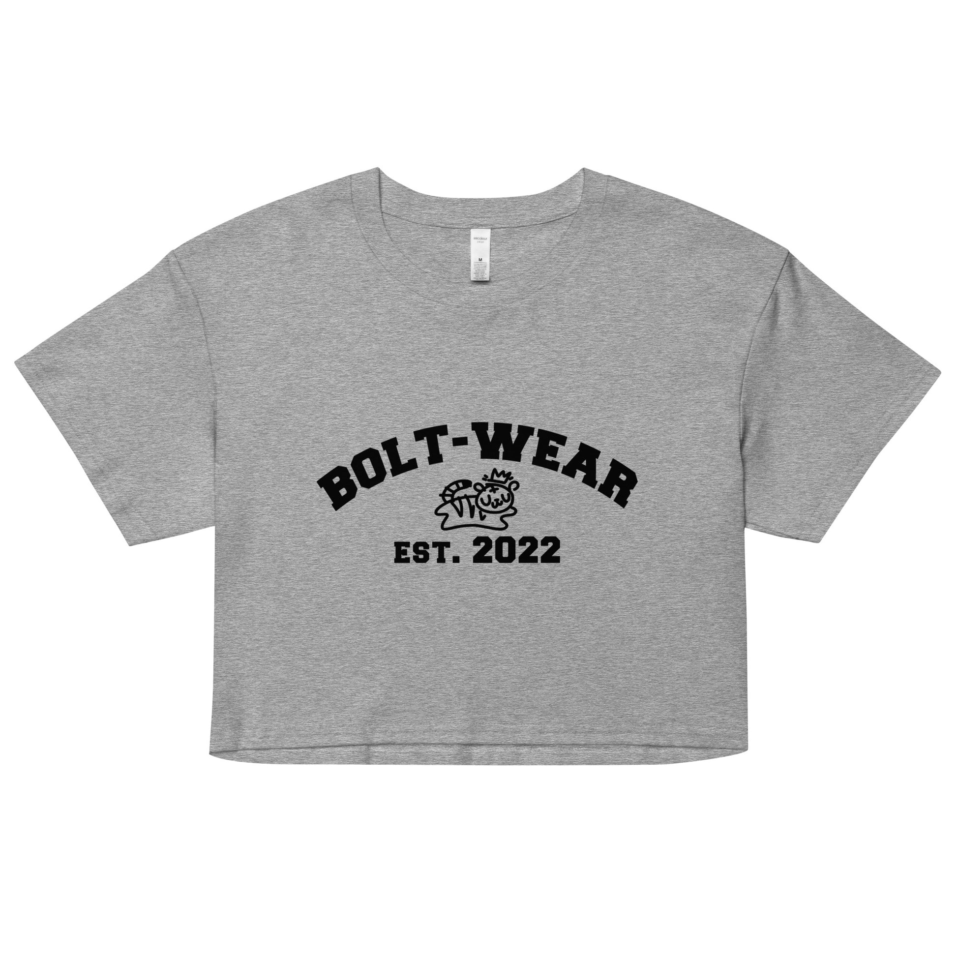 grey athletic heather unisex crop top with image of bolt-wear tiger logo and text with 2022 as the established date of bolt-wear.